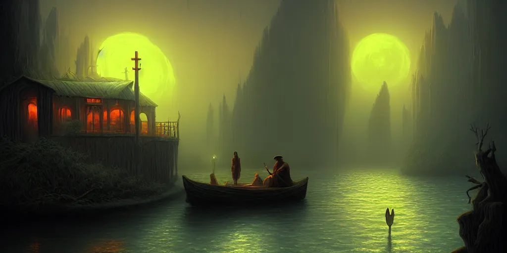 Image similar to Charon the ferryman of Hades, by Evgeny Lushpin, dramatic lighting, high contrast colors, panoramic view, as trending on Artstation,