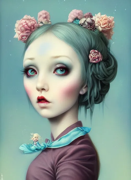 Prompt: pop surrealism, lowbrow art, realistic cute alice blue girl painting, japanese street fashion, hyper realism, muted colours, rococo, natalie shau, loreta lux, tom bagshaw, mark ryden, trevor brown style,
