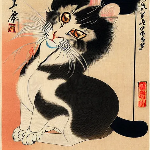 Image similar to beautiful portrait ukiyo - e painting of an ginger maine coon by kano hideyori, kano tan'yu, kaigetsudo ando, miyagawa choshun, okumura masanobu, kitagawa utamaro