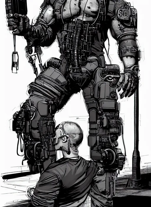 Image similar to Dumb Bubba. Buff cyberpunk meathead in a headlock. Realistic Proportions. Concept art by James Gurney and Laurie Greasley. Moody Industrial skyline. ArtstationHQ. Creative character design for cyberpunk 2077.