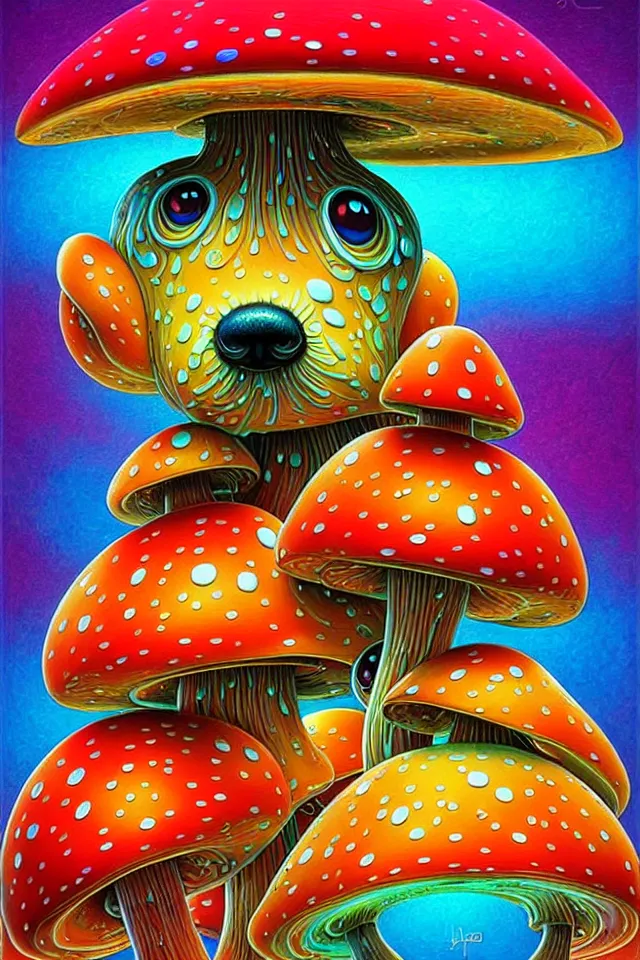 Prompt: bright colorful mushroom dog artwork symmetrical by naoto hattori