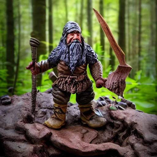 Image similar to high - res photograph of a claymation sculpture action figure warrior dwarf, highly detailed sculpey diorama, forest setting, waterfall backdrop, smooth, sharp foccus, commercial product photography,