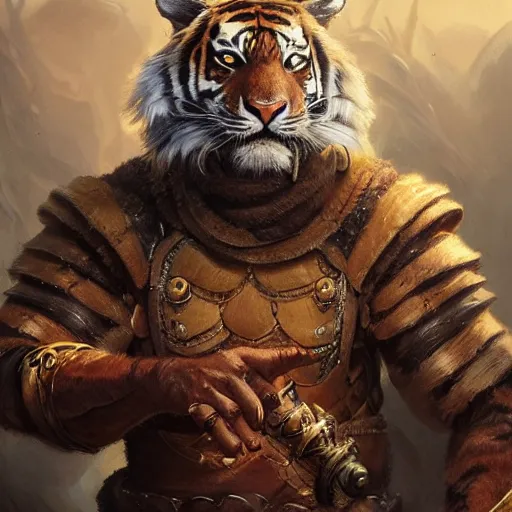 Image similar to a detailed portrait of a tiger earth sorcerer dressed with a leather armor, by justin gerard and greg rutkowski, digital art, realistic painting, dnd, character design, trending on artstation