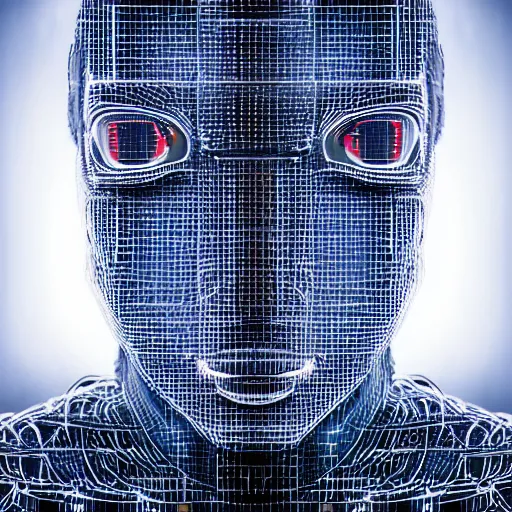 Image similar to an insanely detailed cibernetic artwork of a futuristic artificial intelligence superstar, centered image, perfectly symmetrical face, with frames made of detailed fractals, octsne render, 4k, insanely detailed, detailed grid as background, cgi