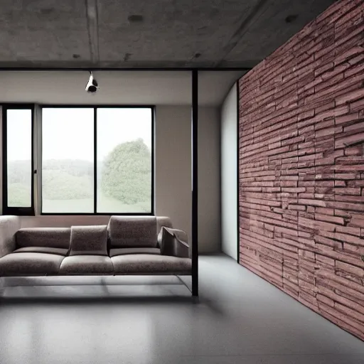 Prompt: hyper realistic one point perspective of living room, wood, concrete, brick