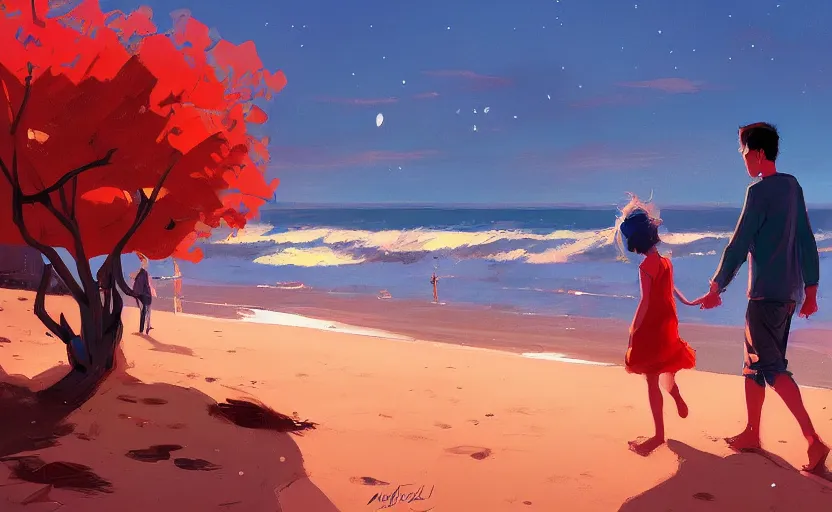 Image similar to a night at the beach when you were young by Atey Ghailan and Michael Garmash