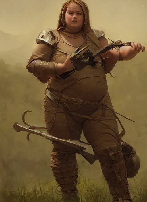 Image similar to hyper realistic photo of medieval chubby beautiful soldier girl, full body, rule of thirds, conceptart, saturated colors, cinematic, greg rutkowski, brom, james gurney, mignola, craig mullins,