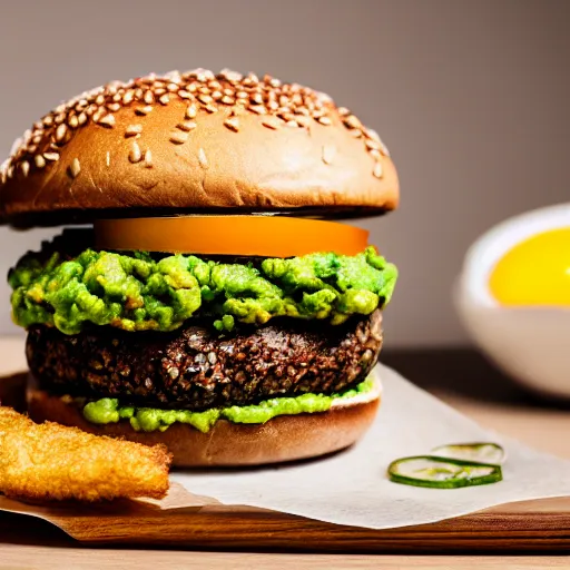 Image similar to vegan hamburger with guacamole and crispy fried onion and fried egg toppings, crispy buns, 8 k resolution, studio lighting, sharp focus, hyper - detailed