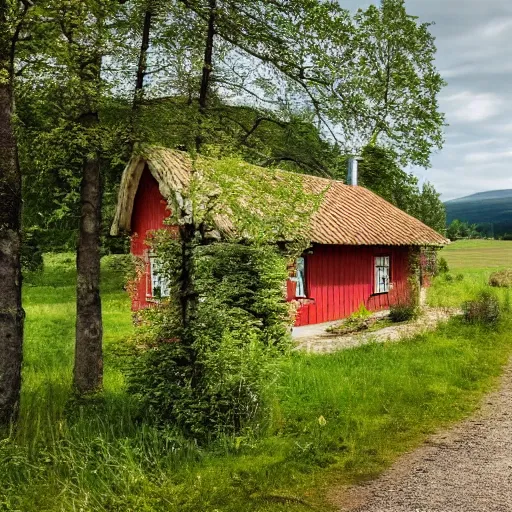 Image similar to photograph of a small swedish cottage in the countryside