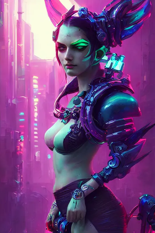 Image similar to morgana from league of legends, cyberpunk futuristic neon. decorated with traditional japanese ornaments by ismail inceoglu dragan bibin hans thoma greg rutkowski alexandros pyromallis nekro rene maritte illustrated, perfect face, fine details, realistic shaded, fine - face, pretty face, masterpiece