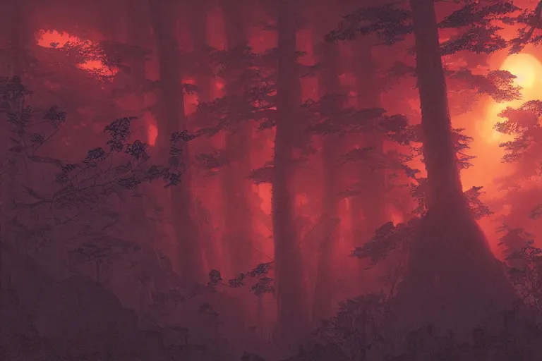 Image similar to huge red giant japanese fishes are flying along the tall trees of a deep Bavarian forest at night. Looking up view, dramatic perspective.misty, mood. y art by Akihiko Yoshida and Greg Rutkowski and Craig Mullins and Alphonse Mucha and Moebious and Roger Deakins