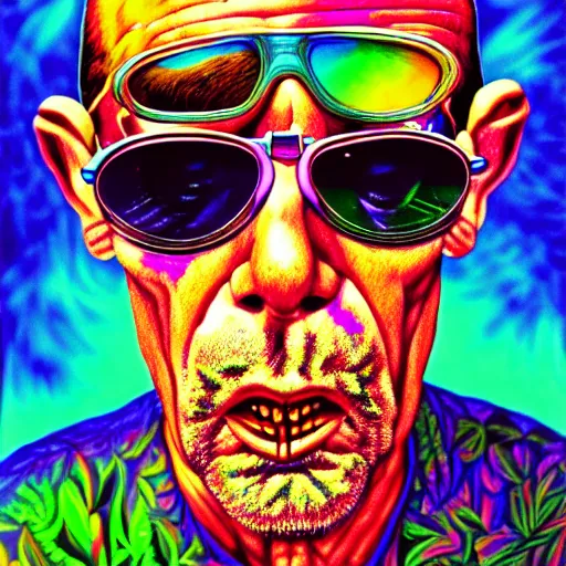 Image similar to an extremely psychedelic portrait of hunter s. thompson, surreal, lsd, face, detailed, intricate, elegant, lithe, highly detailed, digital painting, artstation, concept art, smooth, sharp focus, illustration