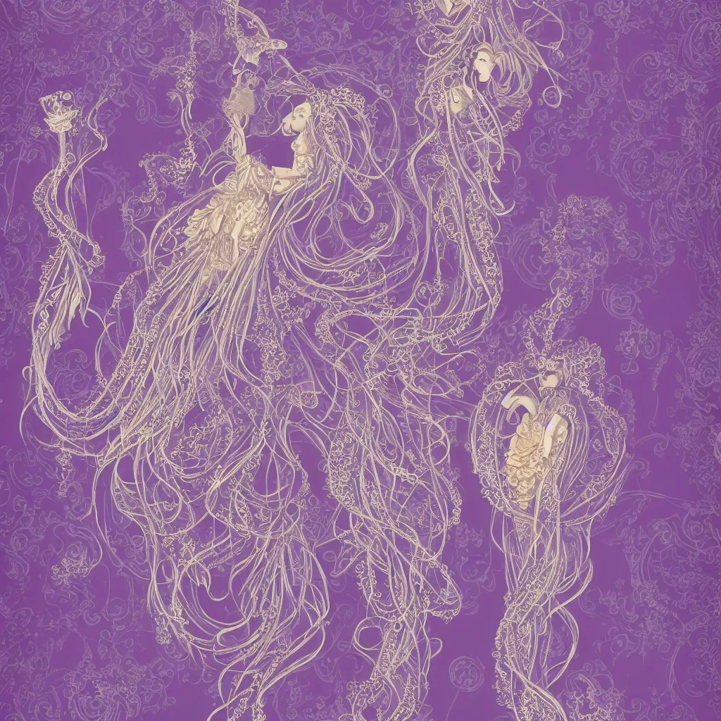 Image similar to purple dress design in the style of rococo ,Victorian era，jellyfish element,Goldenlace,dreamy, soft ,Backlight ,luminescence,Aetherpunk,highly detailed,8k