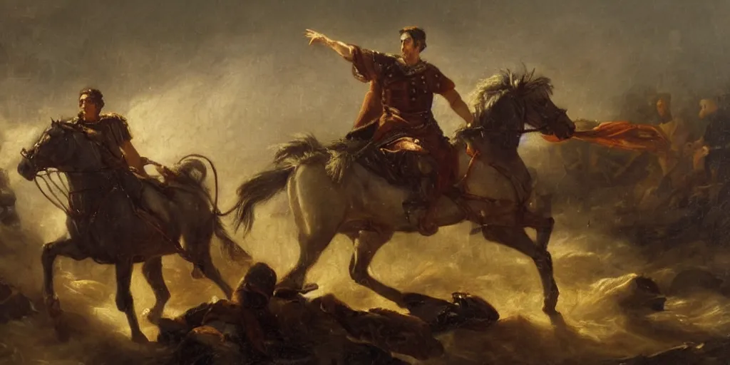 Prompt: Highly detailed and atmospheric Romantic-period oil painting of Julius Caesar riding a horse, dynamic lighting, 8K