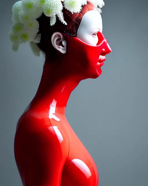 Prompt: symmetrical portrait of a woman wearing a red embroidered translucent silicone mask and white frizzy hair buns, wearing a black bodysuit by alexander mcqueen, standing in a sterile room full of translucent silicone flowers and plants, white background, soft diffused light, biotechnology, humanoide robot, futuristic aesthetic, translucent, ethereal, intricate details, highly detailed, masterpiece,