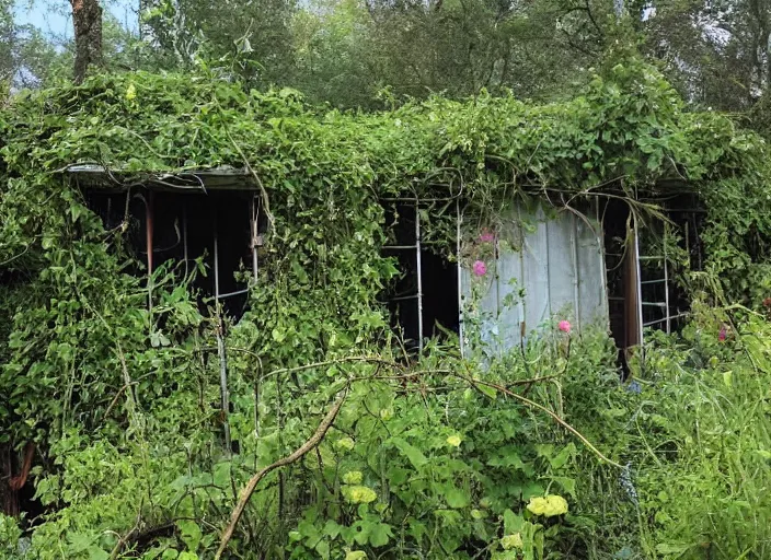 Image similar to post apocalyptic overgrown shed, covered in vines with wildflowers growing near the base, 3 PM sunny, humid