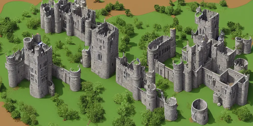 Image similar to medieval castle in a jungle with towers and moat, 3 d, isometric, poly detail