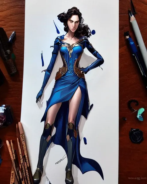 Image similar to in the style of joshua middleton, artgerm, beautiful gal gadot, steampunk, full body, blue dress, elegant pose, middle shot, spooky, symmetrical face, symmetrical eyes, detailed realisitc eyes, detailed realistic eyes, detailed and intricate