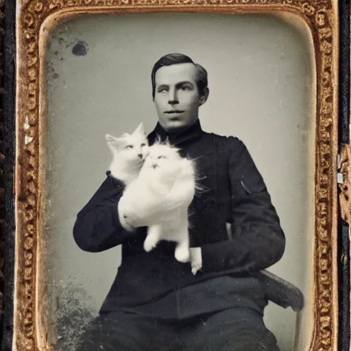 Image similar to a daguerreotype of a man in uniform, holding a kitten.