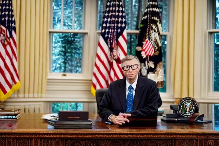 Image similar to president bill gates gives an emergency oval office address, sitting at the resolute desk, circa 2 0 2 2, professional photo, dslr, bokeh