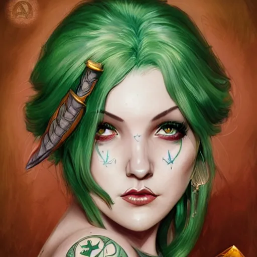 Image similar to green hair tattooed pinup hannah murray, rogue bard, feathers, baldurs gate, diablo, dnd, deep focus, turnaround, fantasy, intricate, elegant, highly detailed, digital painting, artstation, concept art, matte, sharp focus, illustration, hearthstone, art by artgerm and greg rutkowski and alphonse mucha.