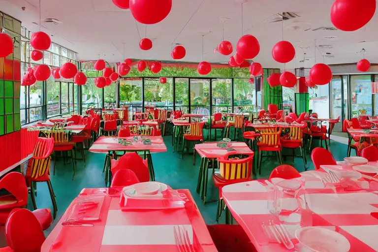 Image similar to 1 9 9 2 watermelon themed diner, tables repeat endlessly into the horizon, fruitcore, watermeloncore, one point perspective, americana, restaurant interior photography, 5 5 mm