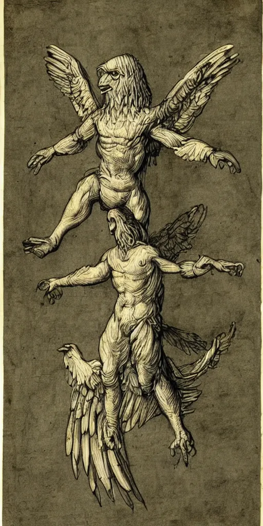 Image similar to human - eagle creature with one big beak, drawn by da vinci