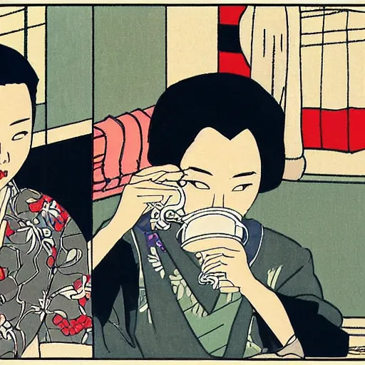 Image similar to A Japanese husband and his beautiful Japanese wife with a snake crawling around them, drinking tea by Toshio Saeki, high detailed