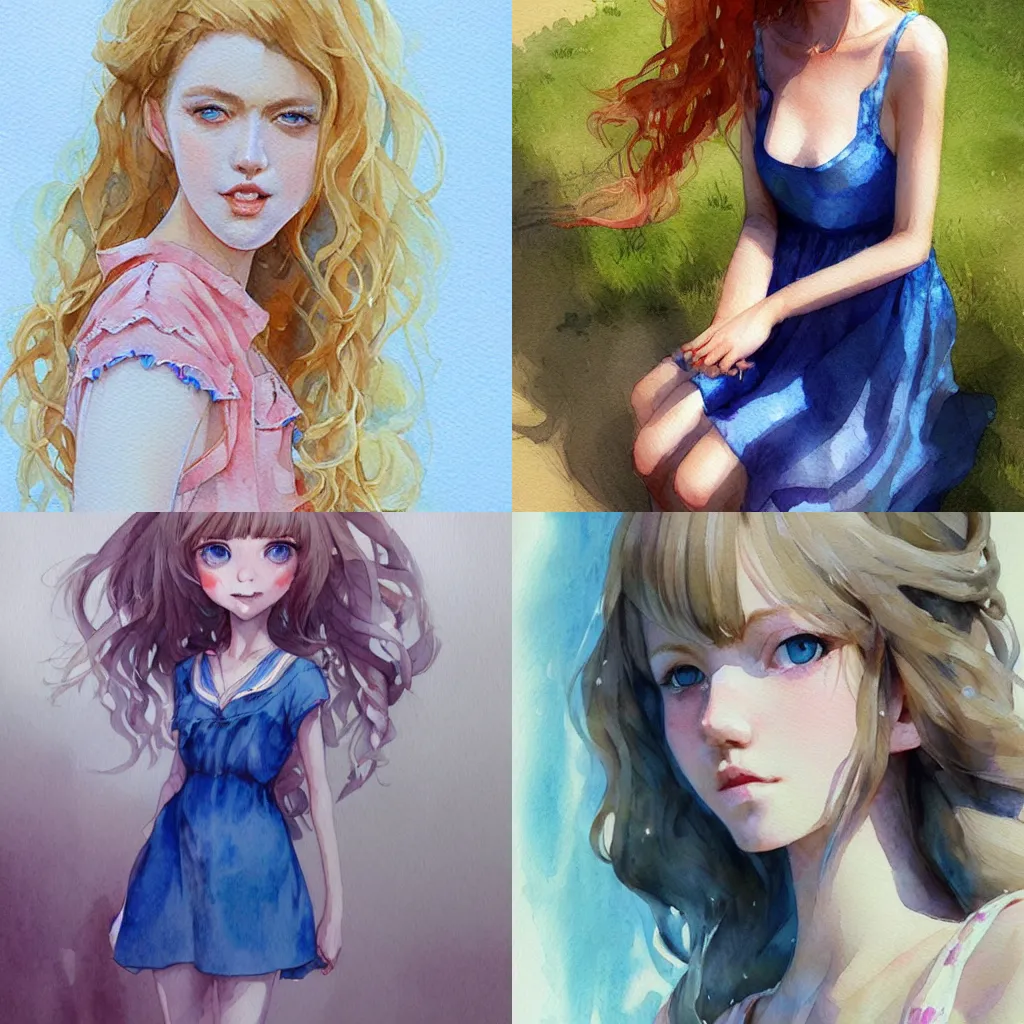 Prompt: long curly blonde haired girl, blue eyes, summer dress, artstation, watercolor, highly detailed, portrait, by krenz cushart