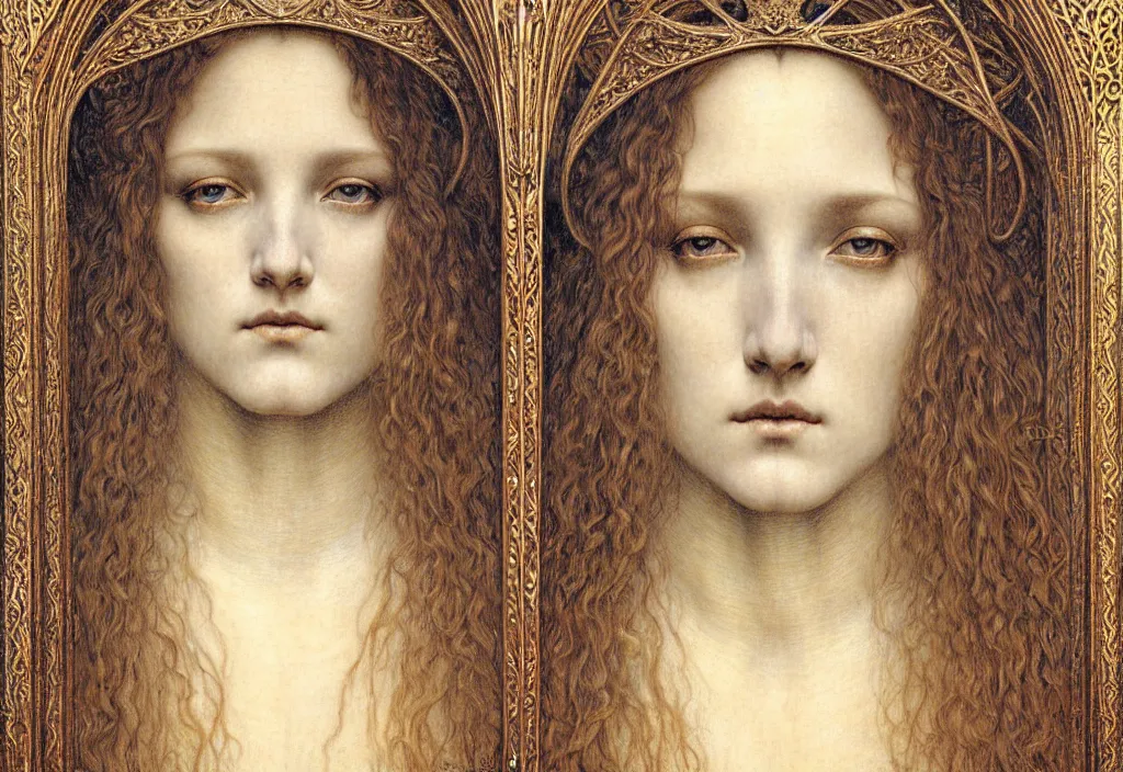 Image similar to detailed realistic beautiful young medieval queen face portrait by jean delville, gustave dore and marco mazzoni, art nouveau, symbolist, visionary, gothic, pre - raphaelite. horizontal symmetry