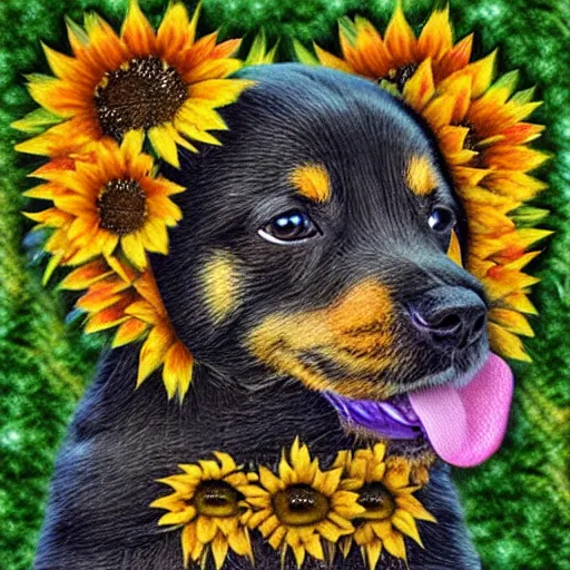 Image similar to cute little doggie puppy made completely out of sunflowers 8 k psychedelic deepdream