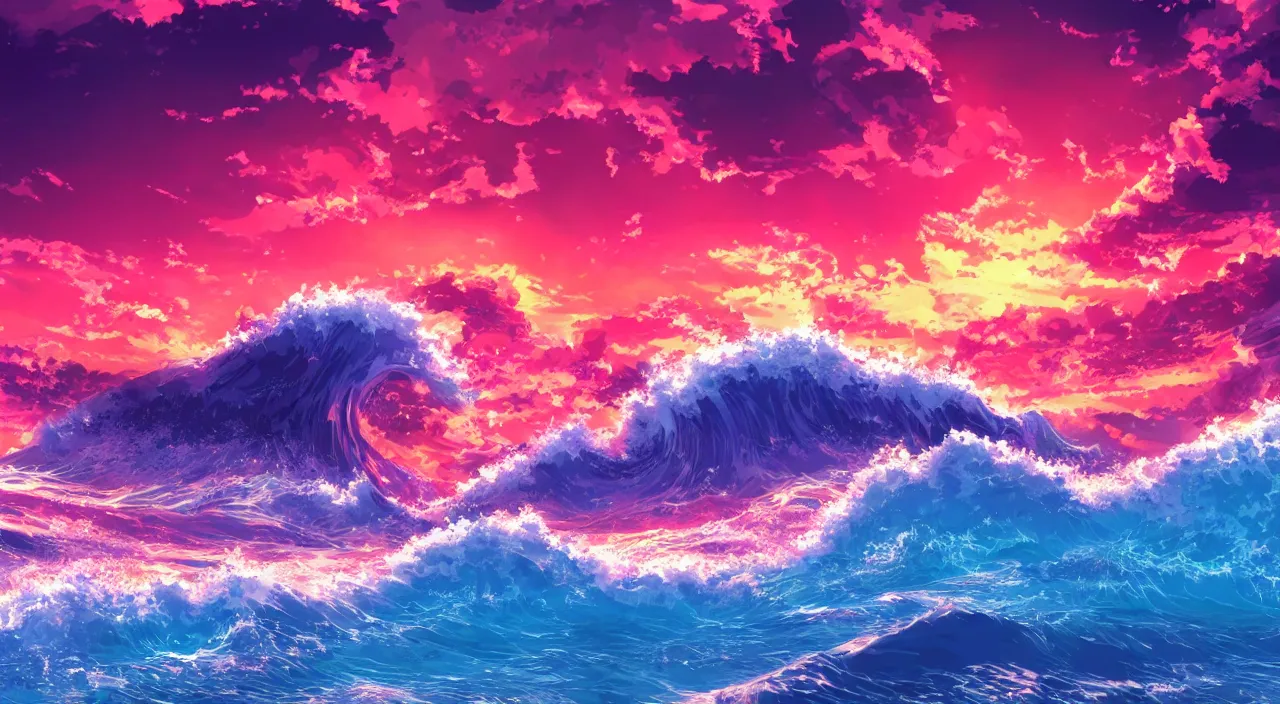 Image similar to anime landscape wallpaper, waves simulated crystal clear waves, ocean cliff side, pink, blue, orange, and red clouds