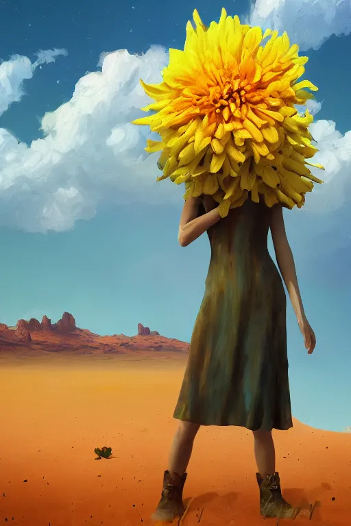 Prompt: closeup, big flower head, girl in desert, surreal photography, wind and cold, dramatic sky, impressionist painting, digital painting, artstation, simon stalenhag