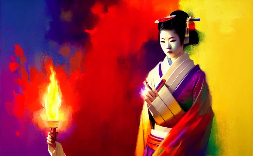 Prompt: female geisha girl holding a flame of rainbow, beautiful face, colourful, rule of thirds, thousands of colors, intricate outfit, spotlight, by greg rutkowski, by jeremy mann, digital painting