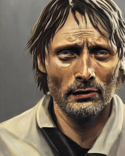 Prompt: mads mikkelson as clifford unger from death stranding, tears of tar, mysterious portrait, oil painting, black background