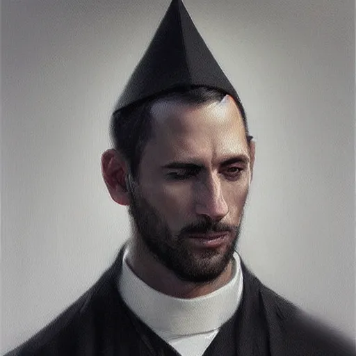 Image similar to An oil painting of a man dressed in priest robes, 30 years old, !chad jaw line!, short black hair, sharp facial features, beautiful, highly detailed, by Cédric Peyravernay, trending on artstation