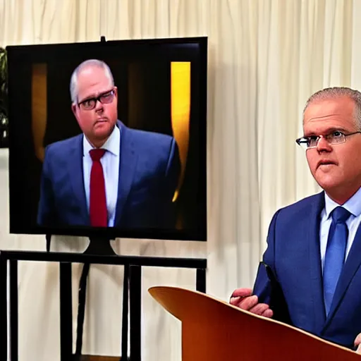 Image similar to scott morrison doing a press conference with jesus christ
