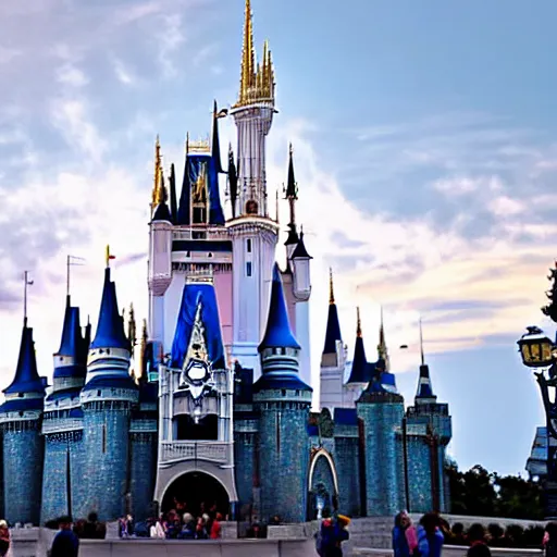 Prompt: cinderella castle at magic kingdom in the year 3035, travel blog photograph