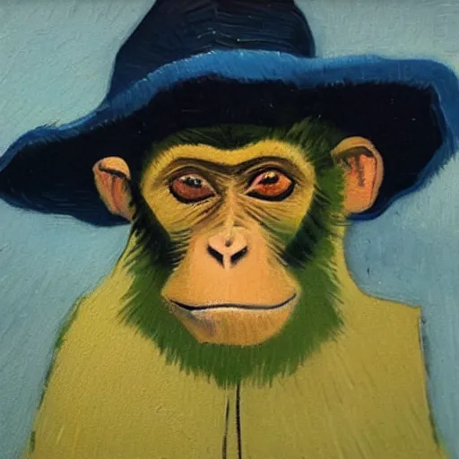 Image similar to a beautiful oil painting of a monkey in a blue suit and white hat , 8k , award winning , made in 1800's , old , painted by vincent van gogh
