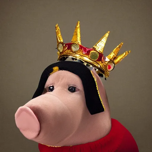 Image similar to pig wearing a gold crown depicted as a sock puppet 8k