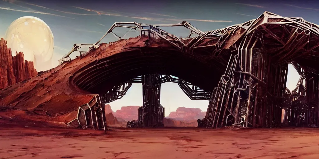 Image similar to a shiny chrome gargantuan underneath a rusted metal archway that spans the sky, desert canyons in background, matte oil painting, science fantasy, biblical, salt dunes, sacred, cybernetic racks, trees, rpg, queer, pride, epic, extremely detailed, sharp focus, 4 k