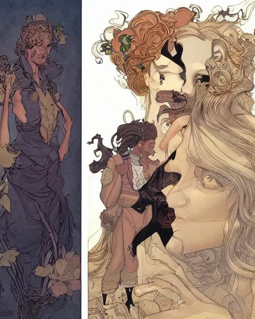 Prompt: a handsome man and a beautiful woman back to back artwork by james jean, Phil noto and rebecca guay