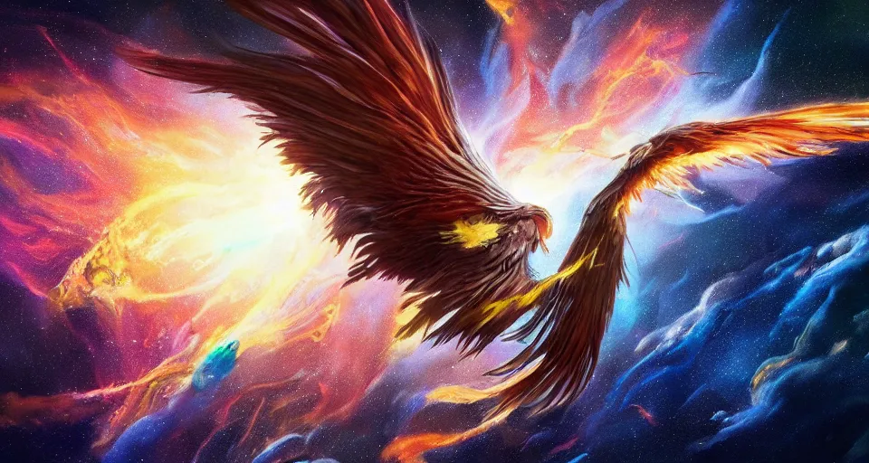 Prompt: a fantasy phoenix flying through nebulous space, artstation, digital art, 4k, hyper realism, high detail, by greg rutkowsky