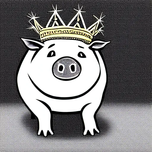 Prompt: standing pig wearing a gold crown on it's head black and white illustration concept art in the style of Arthur Adams, full body 8k