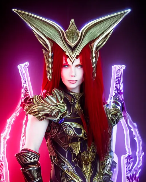 Prompt: red - haired final fantasy white marble egyptian pharaoh with her rainbow - dragon, warframe armor, regal, attractive, ornate, sultry, beautiful, elize theron, pretty face, green eyes, scifi platform, 4 k, ultra realistic, epic lighting, illuminated, cinematic, black gold, stained glass, art by alexandra petruk, voidstar