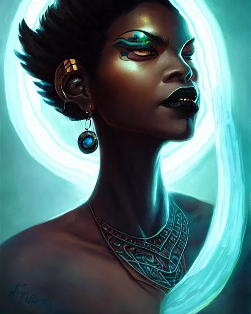 Prompt: Fierce ebony woman with a draconic face tattoo, dark fantasy stylized portrait, radiant light, glowing halo, artgerm, peter mohrbacher, deviantart