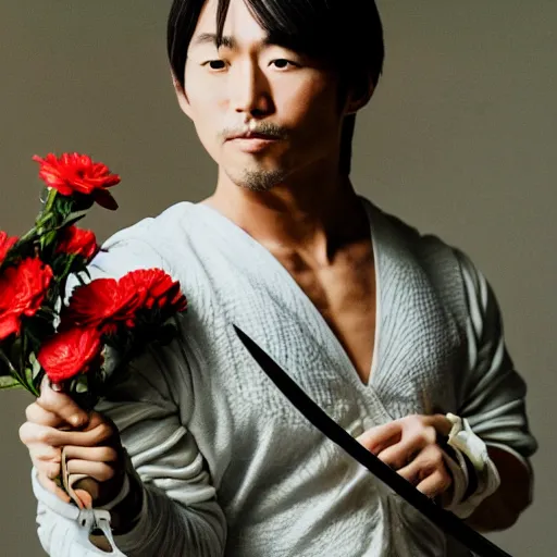 Image similar to muscular japanese man holding a sword in one hand and a bouquet of flowers in the other hand, strong but tender, vivid photography