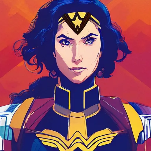 Prompt: portrait of wonder woman as a gundam pilot, with an intricate, detailed, urban inspired hiphop afro futuristic helmet, vector behance hd jesper ejsing, rhads, makoto shinkai, lois van baarle, ilya kuvshinov, rossdraws, hd, 3 2 k, ilya kuvshinov, gustav klimt