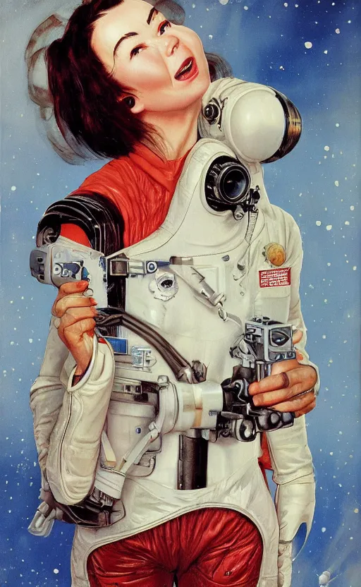 Prompt: head and shoulders portait of bjork holding a retro ray gun and wearing an unpleasant leather spacesuit on Mars by norman rockwell and darek zabrocki