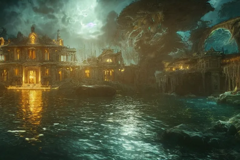 Image similar to the most amazing dream you ever had about mansion of elemental of water, hyper realistic, ambient lighting, concept art, intricate, hyper detailed, smooth, dynamic volumetric lighting, octane, cinematic